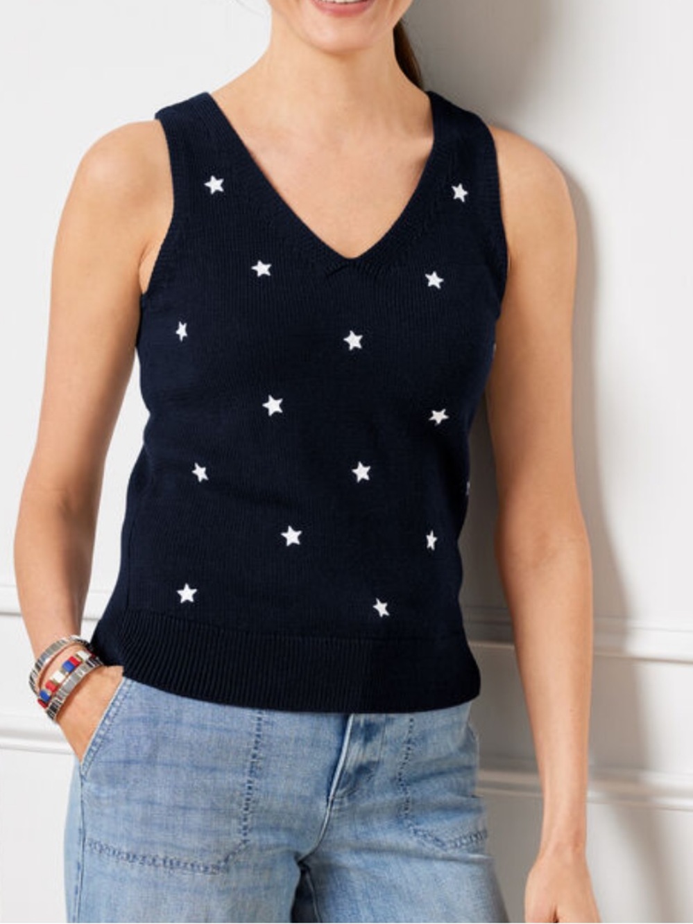 Talbots Navy & White Star Cotton Tank Top Sweater Sz XS NWT